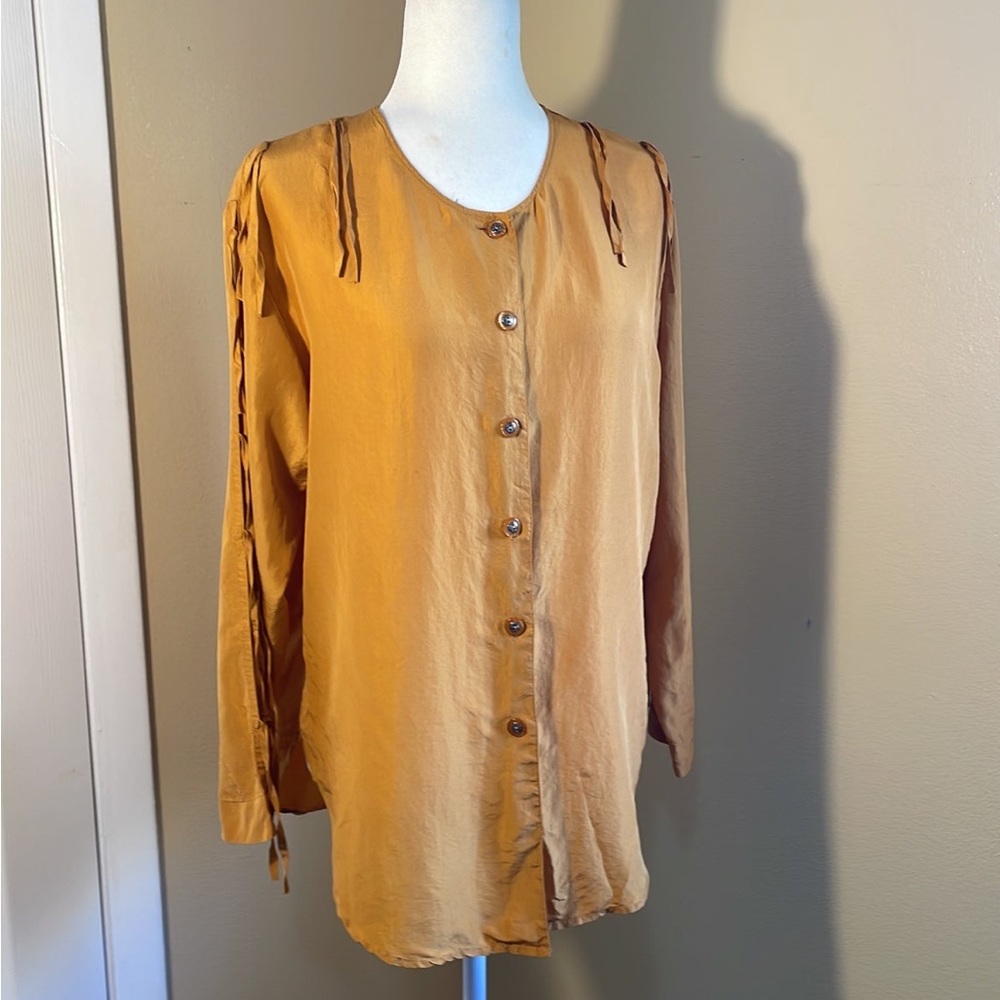 Fiji button front long sleeves orange silk top Sz: S